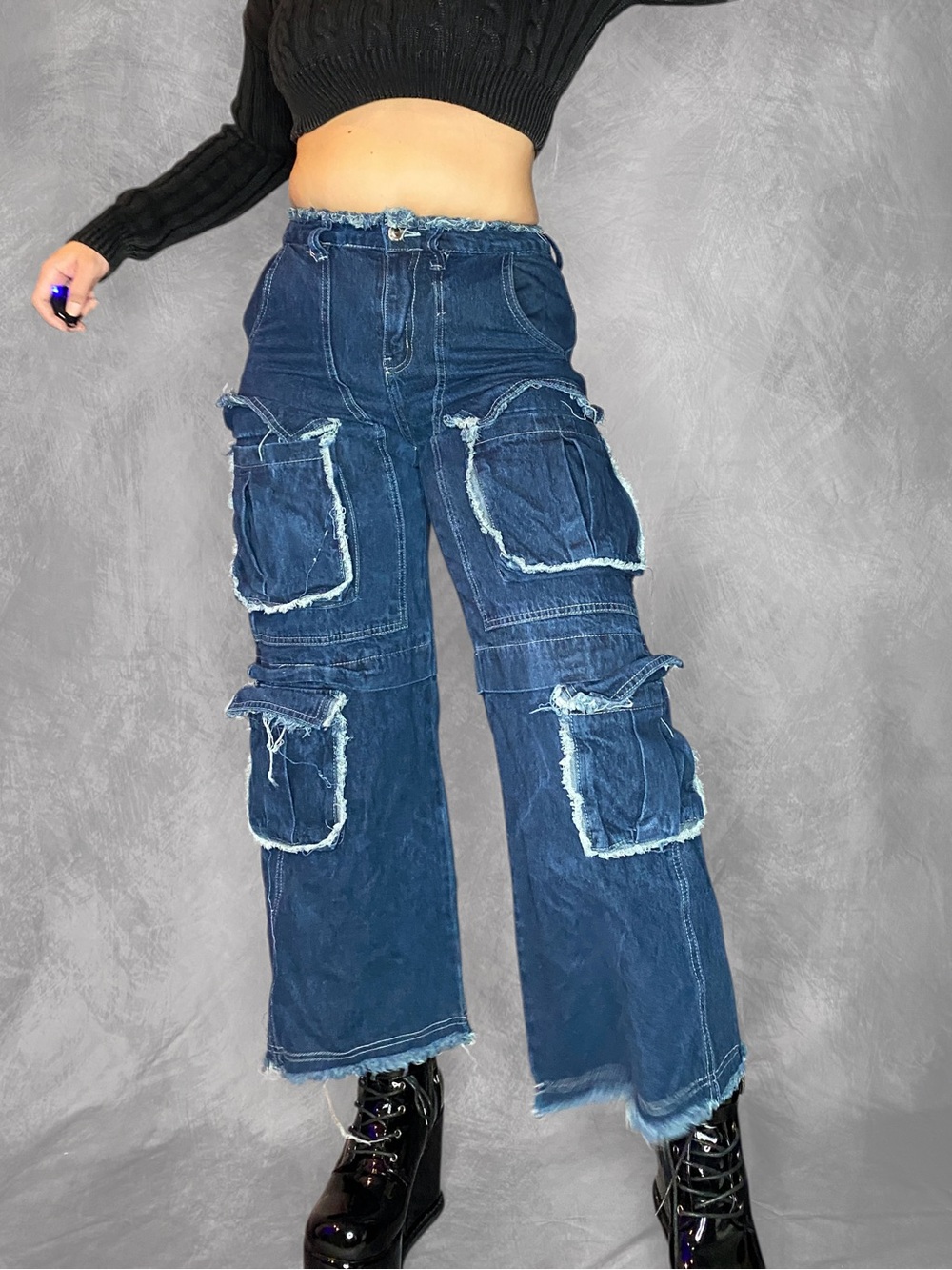 Halfpipe Y2K Raw Edge Multi Pocket Wide Leg Cargo Jeans Grunge Utilitarian